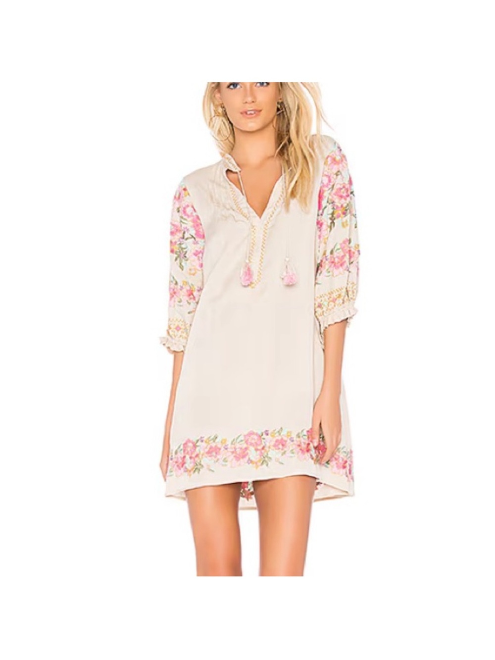 Spell Beige Tunic/Mini dress with floral embroidery on sleeves.